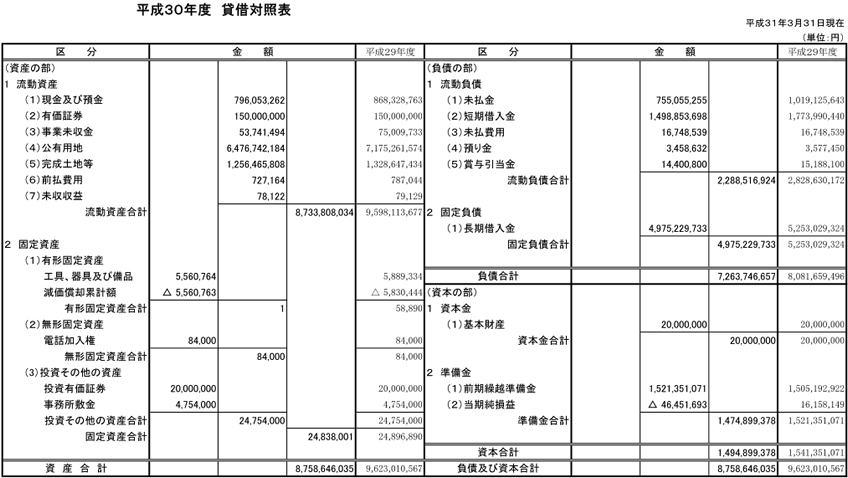 平成３０年　貸借対照表